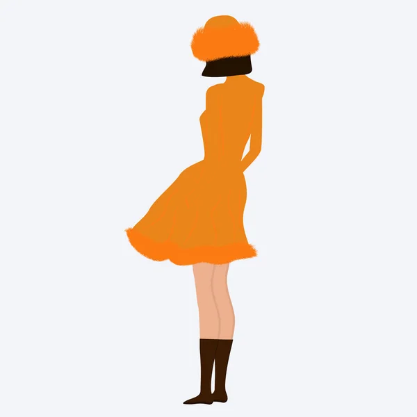 Faux fur - dziewczyna w pomarańczowym kapeluszu i płaszczu z wykończeniem futra - izolowane na białym tle - wektor. Zimowe ubrania. Najlepsze sezonowe ciuchy. Piękna nowoczesna moda. — Wektor stockowy