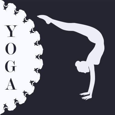 Yoga - kız silueti, amuda kalkma - soyut siyah beyaz arka plan - vektör.
