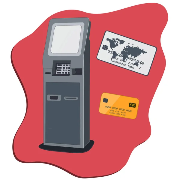 现代垂直，深灰色Atm机，信用卡平面风格在红色背景，隔离向量。 银行和商业服务. — 图库矢量图片