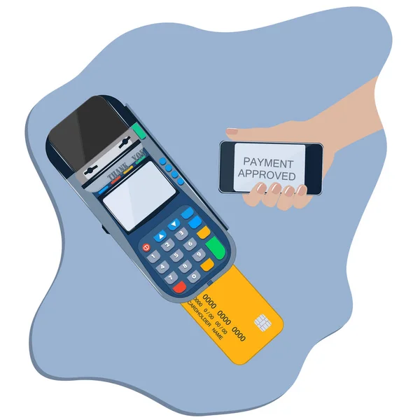 Terminal POS. Mão com smartphone - recebimento de informações de pagamento de cartão de crédito - vetor. Serviços bancários e empresariais . — Vetor de Stock