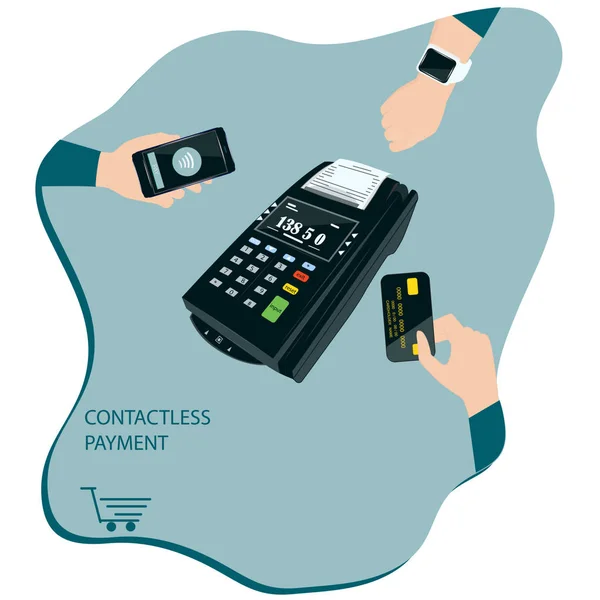 Terminal POS. Mãos com smartphone, relógio inteligente, cartão de crédito - processo de pagamento terminal - vetor. Serviços bancários e empresariais . — Vetor de Stock