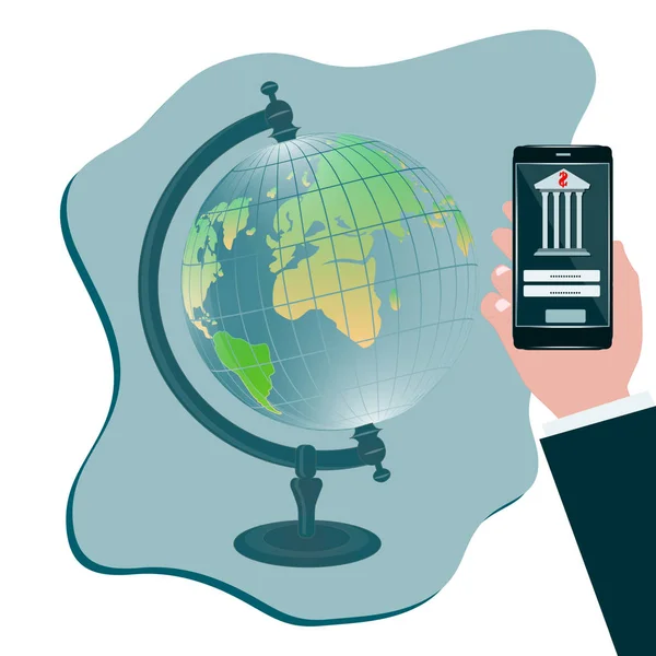 Διεθνείς συναλλαγές - αρσενικό χέρι με smartphone και υδρόγειο σε ένα περίπτερο - απομονωμένο - διάνυσμα. Τραπεζικές και επιχειρηματικές υπηρεσίες. — Διανυσματικό Αρχείο