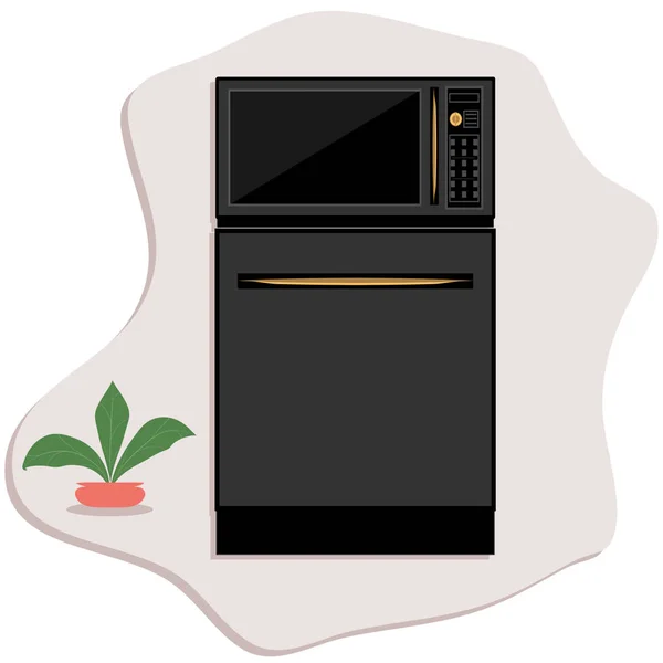 Мікрохвильова піч стоїть на посудомийній машині - чорний колір на бежевій хвилястій іконі, домашня рослина в керамічному горщику - ізольована на білому тлі - плоский стиль - вектор. Кухонна техніка . — стоковий вектор