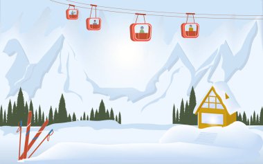 Dağ manzarası, kulübede turistli teleferik, kır evi, orman - vektör. Noel zamanı. Yeni yıl. Doğada dinlen. Kış Turizmi