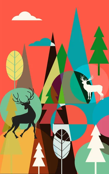 Sprookjesbos - helder abstract beeld, bomen, dieren, geometrische vormen - vector. Kerstmis. Nieuwjaar. — Stockvector