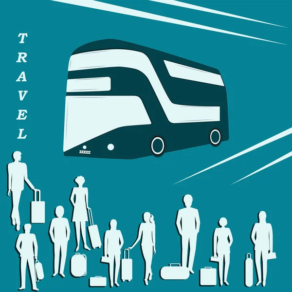 Voyage en bus. Passagers avec bagages à la gare - vecteur. Tour en bus . — Image vectorielle