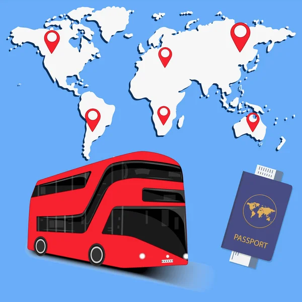 Viajar en autobús - mapa del mundo con marcadores, pasaporte, billete - vector. Entrenador explorar en autobús — Archivo Imágenes Vectoriales