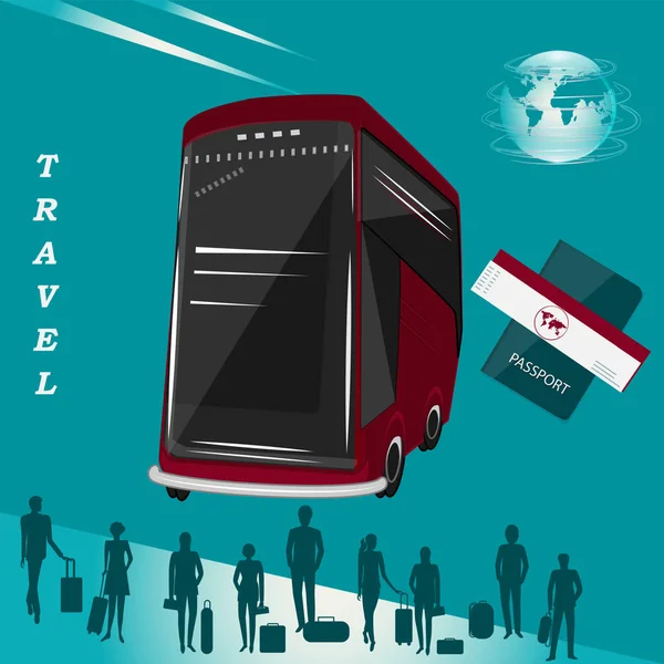 観光バス、乗客、パスポート、航空券、地球-ベクトル。世界中を旅してるバスツアー — ストックベクタ