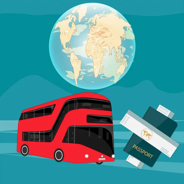 Voyage en bus, deux niveaux, rouge - grand globe, passeport, billet - vecteur. Autocar explorant en bus — Image vectorielle