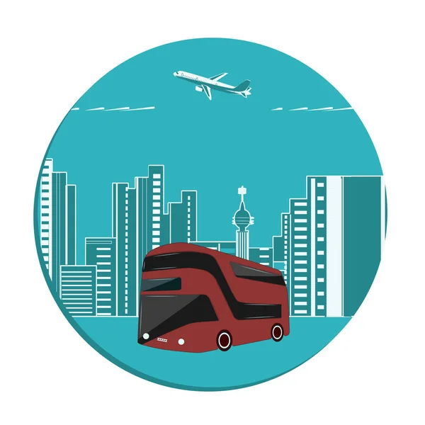 Reisebus, zweistöckig, rot - Stadtlandschaft - rundes Symbol, flacher Stil - Vektor. Busreisen — Stockvektor