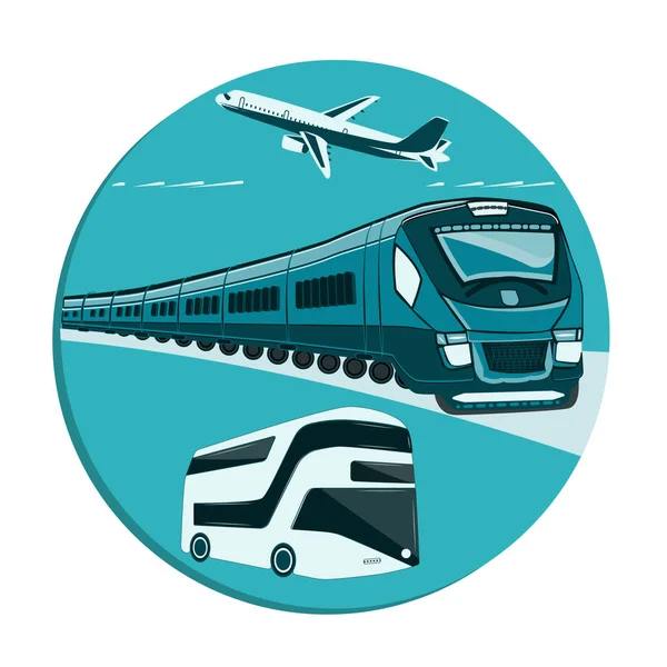 Personentransport - Flugzeug, Zug, Bus - rundes Symbol, flacher Stil - Vektor. Reisen. Ausflug. — Stockvektor