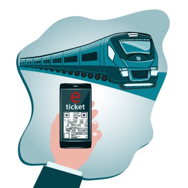 Tren - Ekran akıllı telefonundaki elektronik bilet iş adamının elinde - vektör. Çevrimiçi seyahat mobil uygulaması. E-alışveriş konsepti.