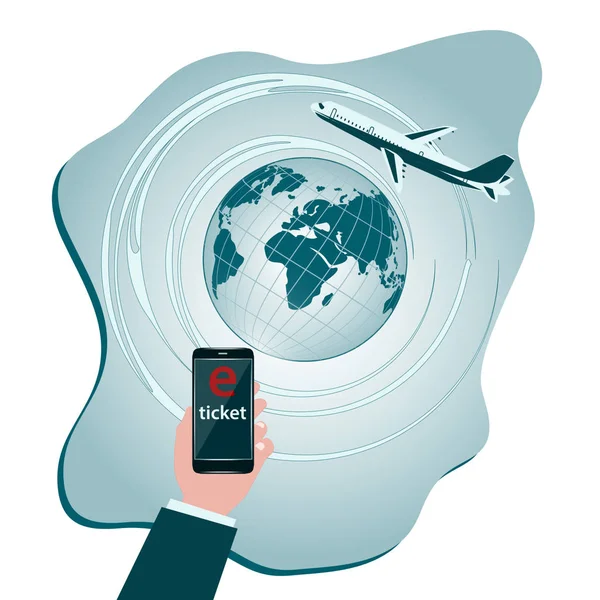 Avion vole autour du globe - Billet électronique sur smartphone écran dans la main de l'homme d'affaires - vecteur. App mobile de voyage en ligne. Concept de e-shopping . — Image vectorielle