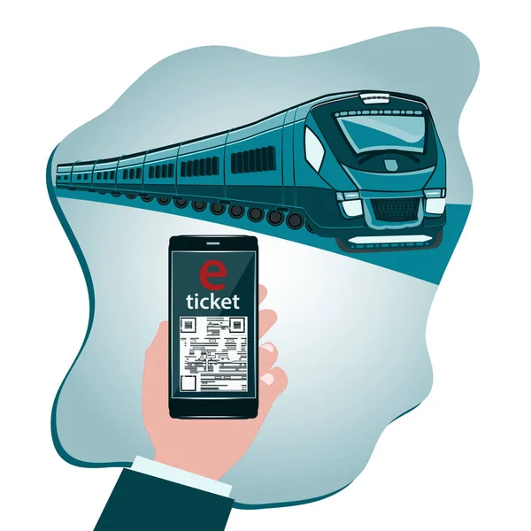 Pociąg - Elektroniczny bilet na ekranie smartfona w ręce biznesmena - wektor. Aplikacja mobilna online podróży. Koncepcja e-zakupów. — Wektor stockowy