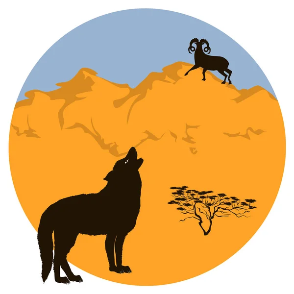 Lobo y cabra de montaña en la cima de la montaña icono redondo aislado sobre fondo blanco vector. Protección Ambiental. Mundo animal . — Vector de stock