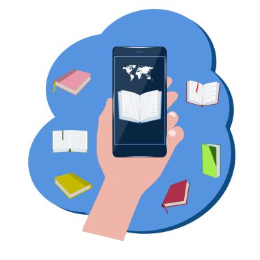 Elektronik kütüphane - elinde akıllı telefon - soyut simge - beyaz arkaplanda izole edilmiş - vektör. Eğitim.