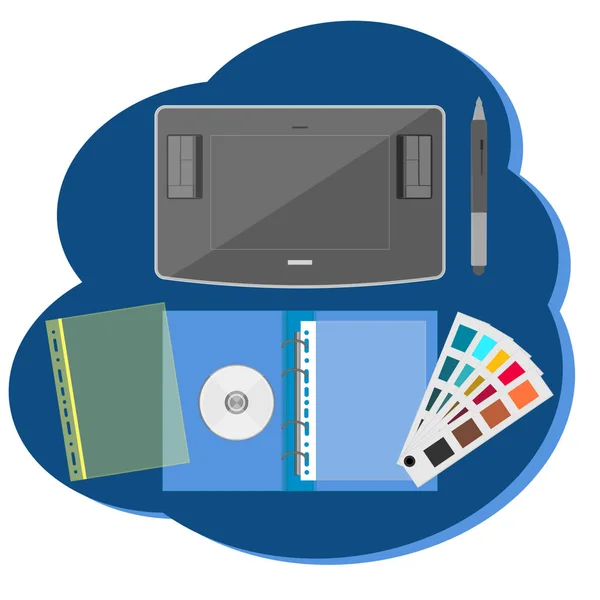 Set pour le designer - tablette, dossier avec fichiers, palette de couleurs, disquette - icône abstraite - isolé sur fond blanc - vecteur. Affaires numériques . — Image vectorielle