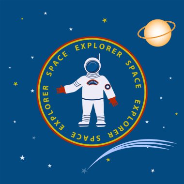 Uzay kaşifi. Astronot, çizgi film, yıldızlar, illüstrasyon, soyut, sanat, vektör..