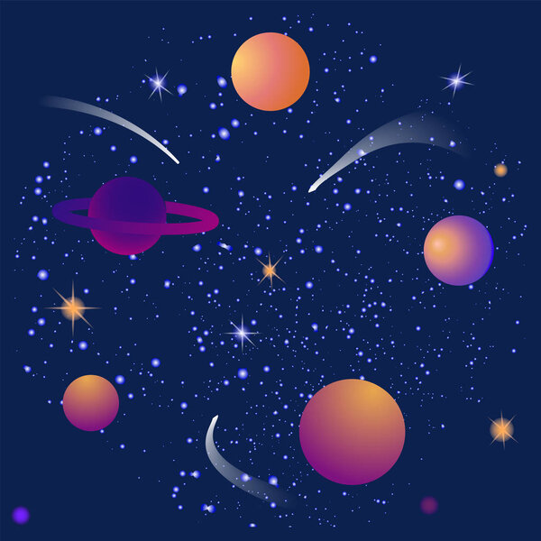 Starry sky, planets, comets - galactic background - illustration, abstract, art, vector. Space exploration. Space Tourism