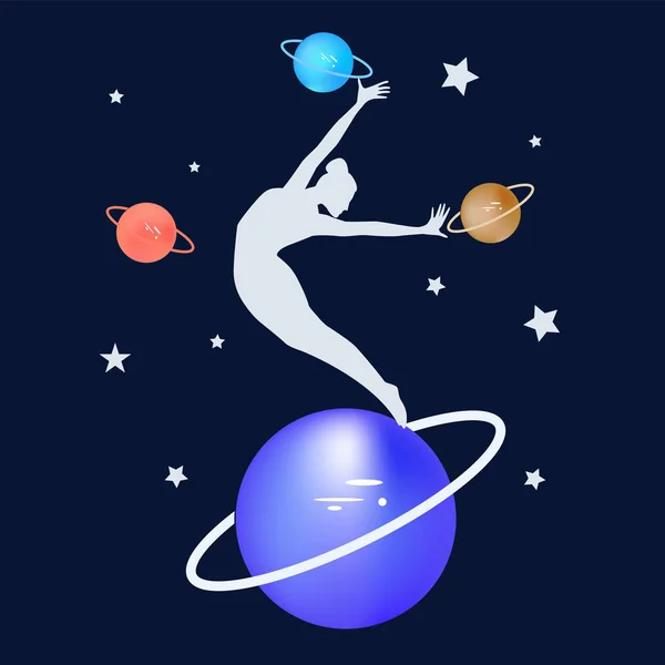 Stjernehimmel - kvinde danser på planeten - illustration, abstrakt, kunst, vektor. Magisk. Okkultisme. Space galakse Space alt – Stock-vektor