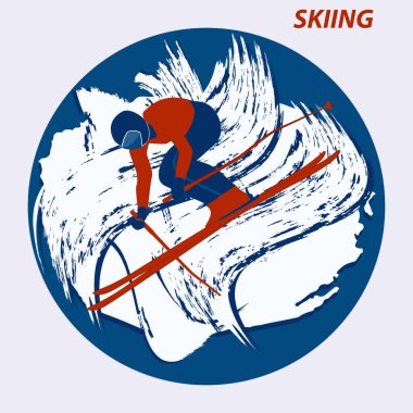 Skier, ski jump - round icon, grunge style, abstraction - isolated on white background - flat style - vector. Lifestyle. Winter sport clipart