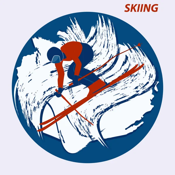 Лыжник, прыжок с трамплина - круглая икона, гранж стиль, абстракция - изолированный на белом фоне - плоский стиль - вектор. Стиль жизни. Зимний спорт — стоковый вектор