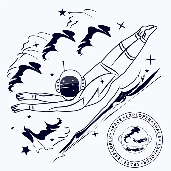 Astronauta buzo, dibujos animados, estrellas, fondo en estilo grunge - arte, vector. Exploración espacial  - — Vector de stock