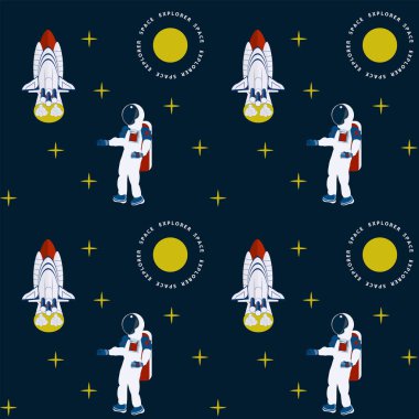 Astronot dalgıcı, mekik, yıldızlar - desen, koyu mavi arka plan - vektör. Uzay araştırması. Uzay Turizmi.