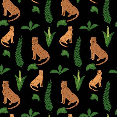 Kalıp - benekli panterler, karikatür, yapraklar - koyu arka plan - vektör. Hayvan Dünyası