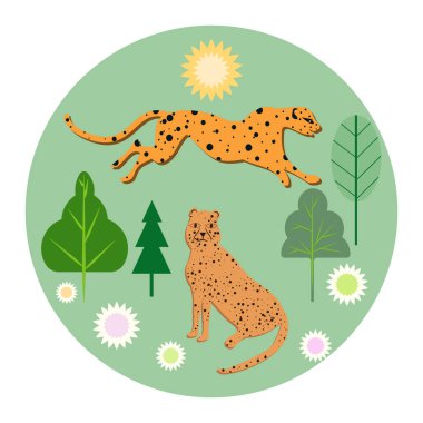 İki benekli panter, soyut ağaçlar, açık yeşil arka plan - yuvarlak ikon - vektör. Hayvan Dünyası