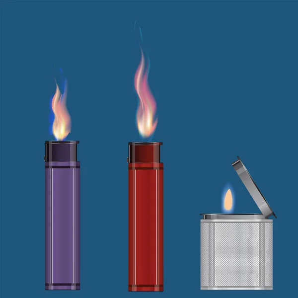 Lighters with a burning flame - isolated on a blue background - illustration, art, vector. — Stock Vector