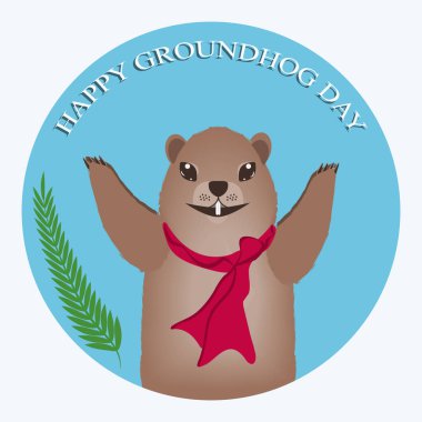 Boynunda kırmızı bir eşarp olan neşeli Marmot beyaz arka planda izole edilmiş bir ikon. Köstebek Günün kutlu olsun.