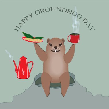 Neşeli Marmot pençelerinde buharlı bir fincan kahve, sandviçli bir tabak, kırmızı kahve demliği, sanat, illüstrasyon vektörü tutuyor. Köstebek Günün kutlu olsun.