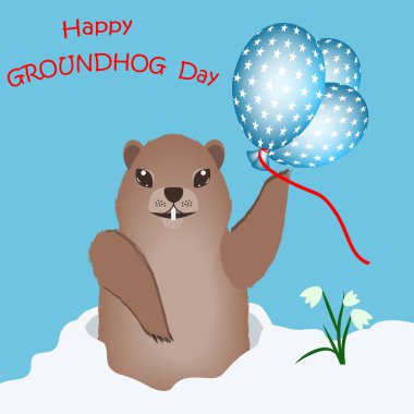 Balonlu mutlu dağ sıçanı - kar yığınları, kar damlaları - mavi arka plan - illüstrasyon, vektör. Köstebek Günü