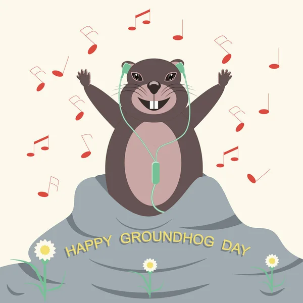 Marmot rolig, i hörlurar lyssnar på musik - illustration, vektor. Grattis på Groundhog Day. Djurliv — Stock vektor