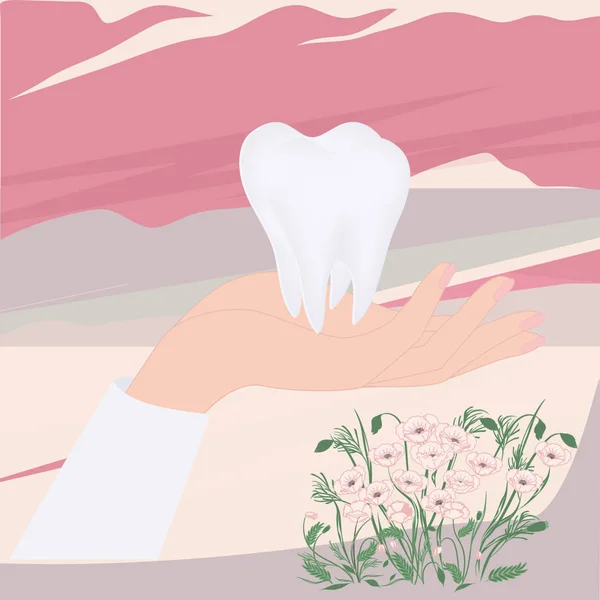 Molar in a female hand on an abstract background, flowers - art, vector. Happy Dentist Day. International Dentist Day. — 스톡 벡터