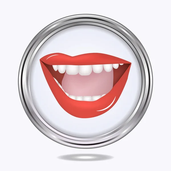 White, beautiful teeth - open mouth, red lips, tongue - round metal icon - isolated on white background - vector. International Dentist Day. Happy Dentist Day. — 스톡 벡터