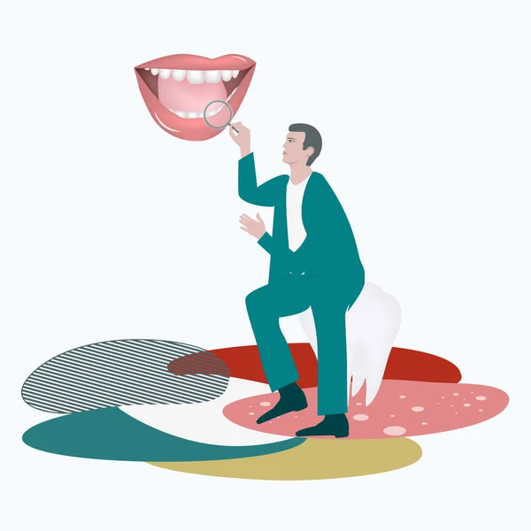Doctor sits on molar, magnifier in hand, looks in open mouth, teeth - abstract background - vector. International Dentist Day. Happy Dentist Day. — Stock Vector