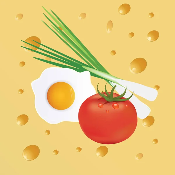 Ser, jajka smażone, pomidor, zielona cebula - wektor. Wiosenny projekt. Dieta wegetariańska. — Wektor stockowy