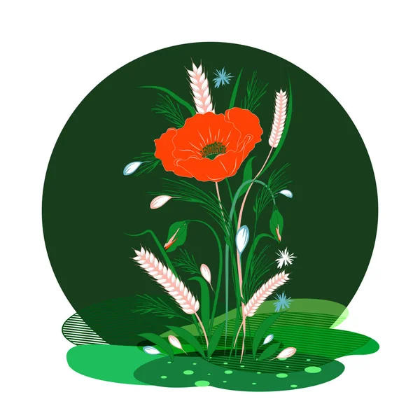 Boeket van wilde bloemen, oren, rode papaver, knoppen, bladeren, abstracte groene vlekken - ronde pictogram, geïsoleerd op witte achtergrond - vector. Voorjaarsontwerp — Stockvector