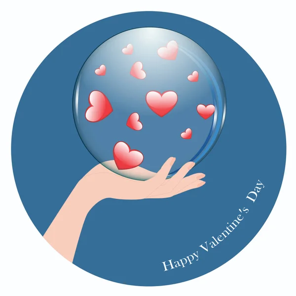 Рука держит прозрачный шар с сердечками - круглый значок - изолированный на белом фоне - вектор. День святого Валентина . — стоковый вектор