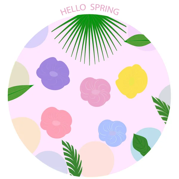 Hola primavera - flores abstractas y hojas - icono redondo - aislado sobre fondo blanco - vector . — Archivo Imágenes Vectoriales