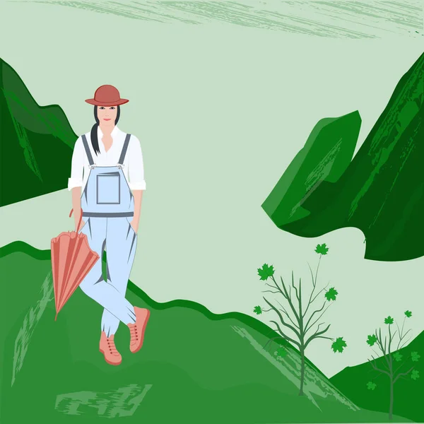Весенняя прогулка - горный пейзаж. Девушка с зонтиком - зеленый фон - иллюстрация - вектор. Привет, весна. Туризм и путешествия . — стоковый вектор