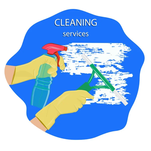 Уборка - мыло - рука в резиновой перчатке, бутылка моющего средства, скребок - Абстрактный значок - вектор . — стоковый вектор