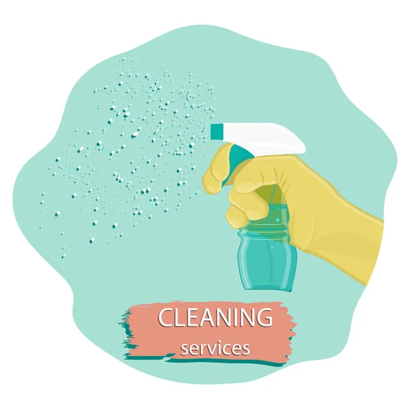 Servicio de limpieza - una mano en un guante de goma sostiene una botella con un spray detergente - icono abstracto - vector . — Archivo Imágenes Vectoriales