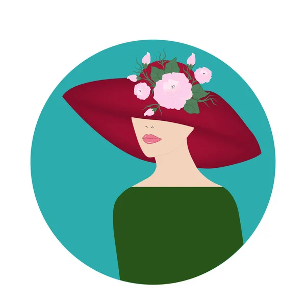 Девушка в элегантной красной шляпе, украшенной розовым венком - иконой - изолирована на белом фоне. Весна моды . — стоковый вектор