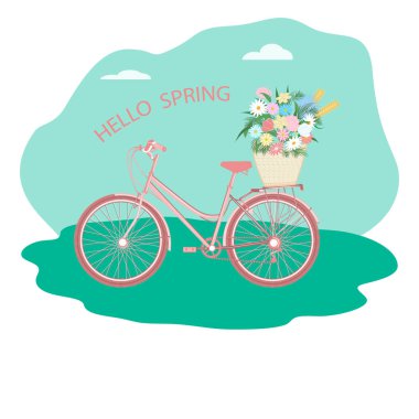 Bisiklet sepeti - yaban çiçekleri bulutlarıyla dolu bir buket - simge, beyaz arka planda izole edilmiş - vektör. Merhaba bahar.