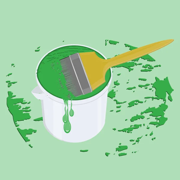La pintura verde fluye hacia abajo de la lata, gotas, pincel - estilo grunge - vector. Construcción. Reparar. Pintura . — Vector de stock