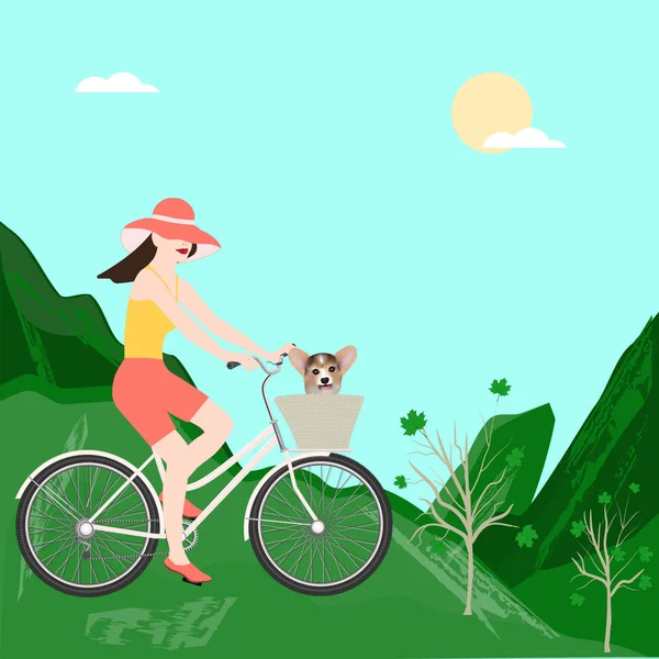 Woman on a bicycle with a corgi dog - mountains, spring green background - vector. Activity concept. Hello spring — 스톡 벡터