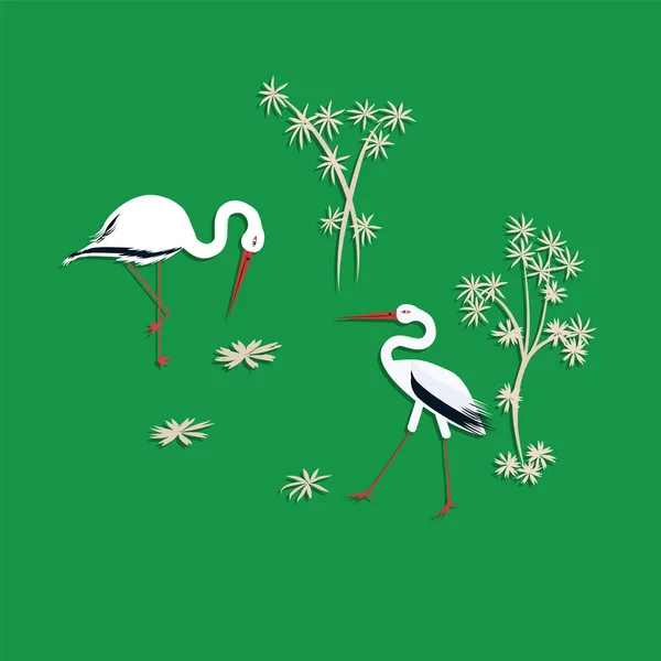 Cigüeñas - dos pájaros parados sobre un fondo verde claro - vector - Mundo de las aves . — Archivo Imágenes Vectoriales